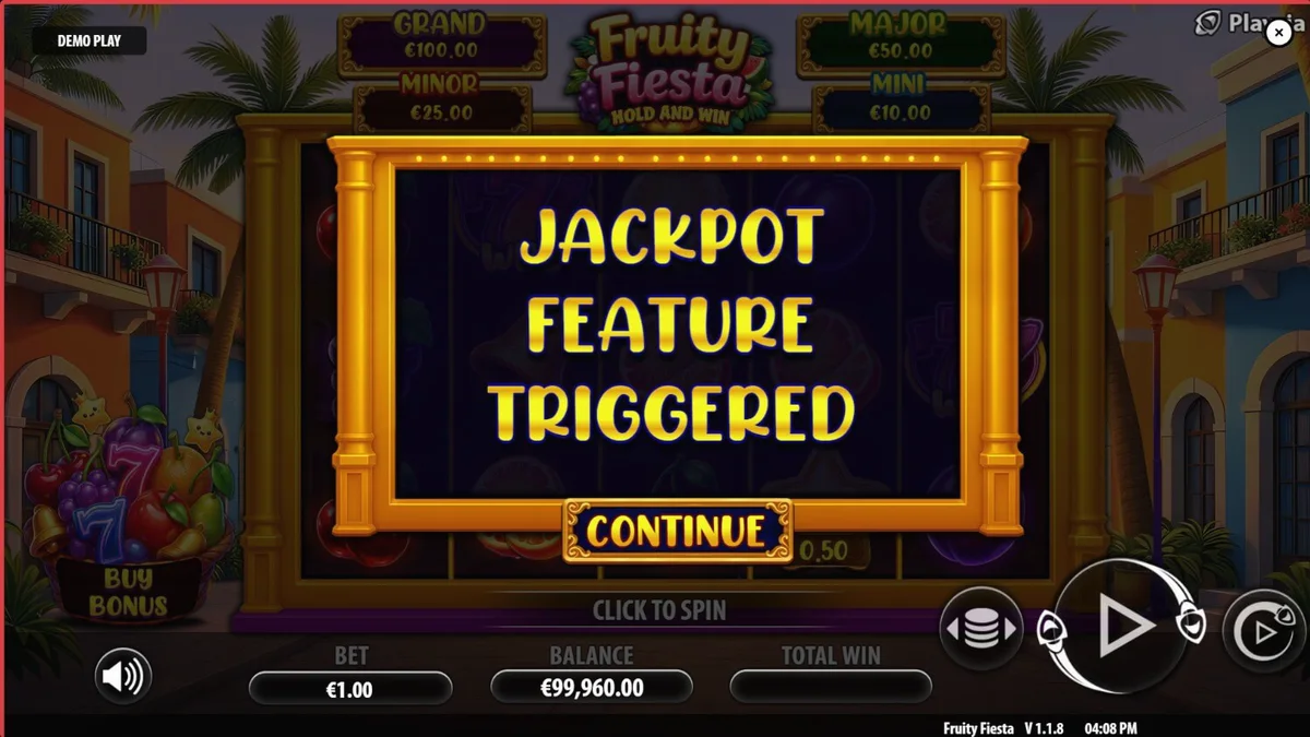 Tampilan visual slot Fruity Fiesta dengan tema neon buah-buahan yang meriah