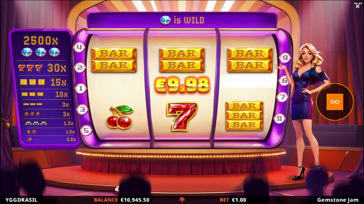 Tampilan visual slot Gemstone Jam dengan simbol permata dan nuansa acara TV